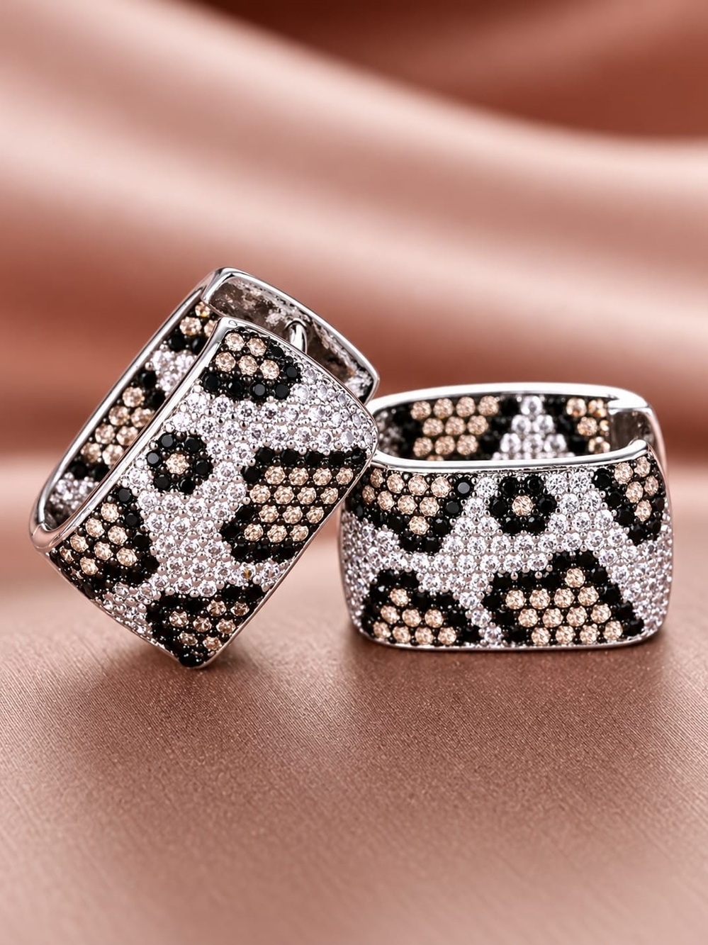 Leopard Pavé Wide Hoop Earrings - Silver with Black & Champagne Crystals